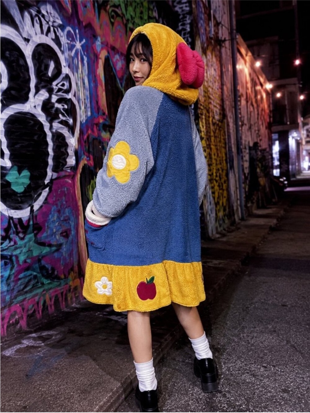 Anime cartoonish Cozy Colorblock Fleece Hooded Coat - Navy, Red & Yellow XXL